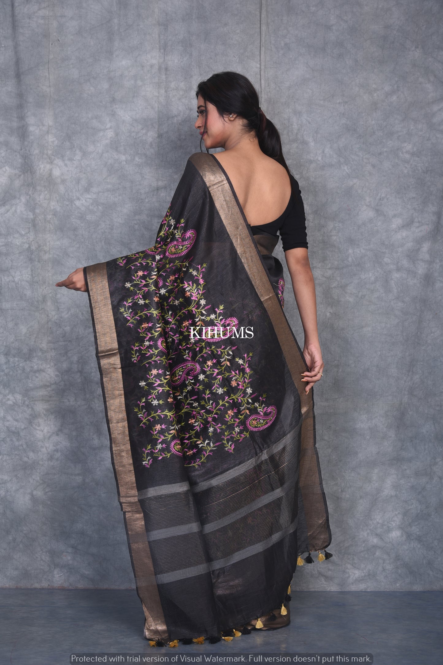 Black Handwoven Linen Saree with Embroidery Work | Gold Zari Border | KIHUMS Saree