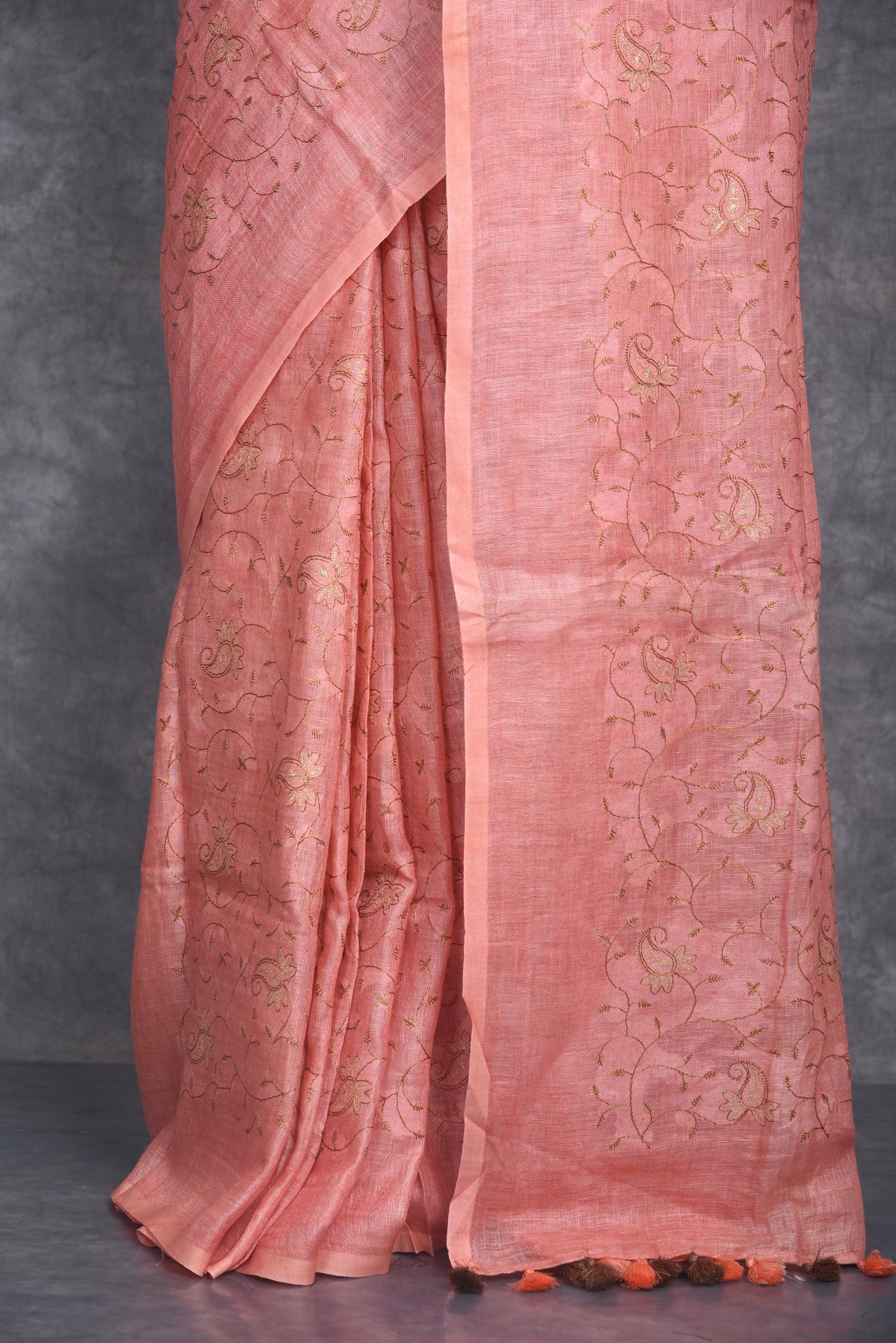 Pastel shade Handmade Pure Linen Saree | Embroidered Saree | Silver Zari Border | KIHUMS Saree