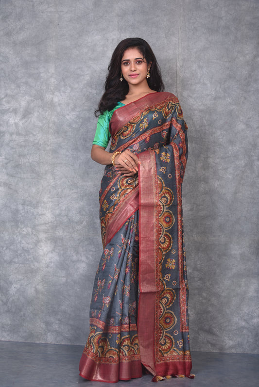 Grey Shade Handwoven Desi Tussar Raw Silk Saree with Digital print| KIHUMS Saree