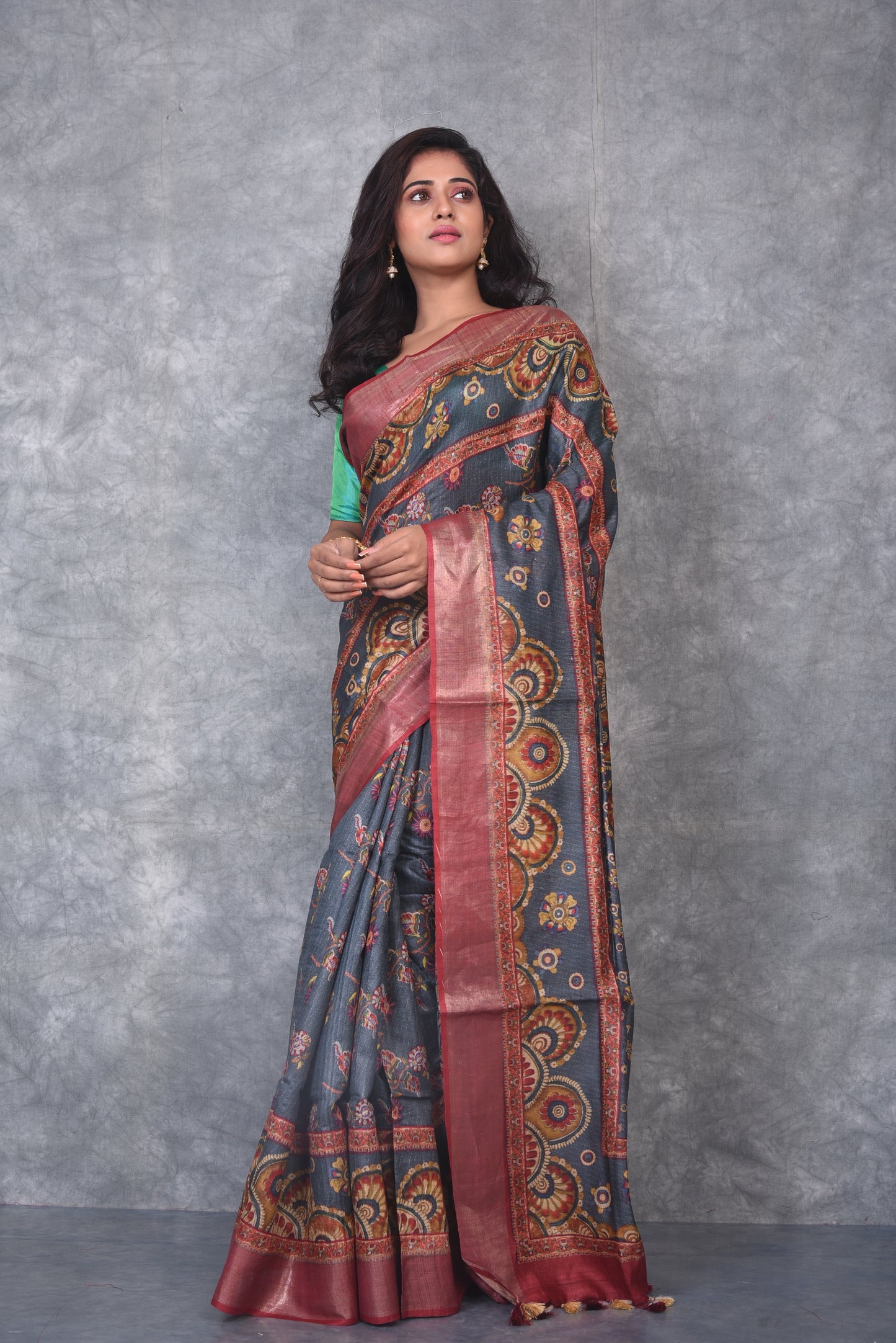Grey Shade Handwoven Desi Tussar Raw Silk Saree with Digital print| KIHUMS Saree