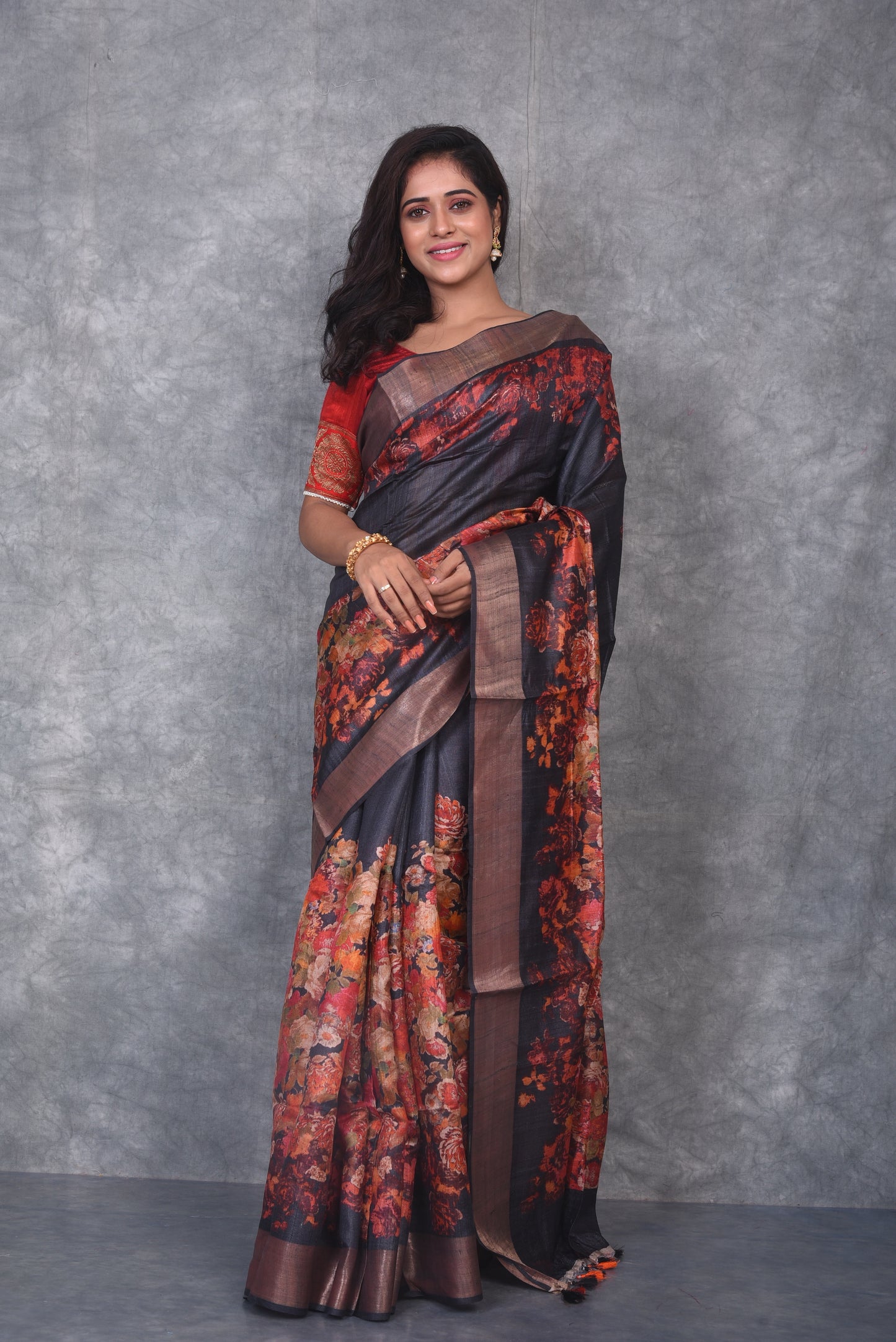 Black Shade Handwoven Desi Tussar Raw Silk Saree with Digital print| KIHUMS Saree