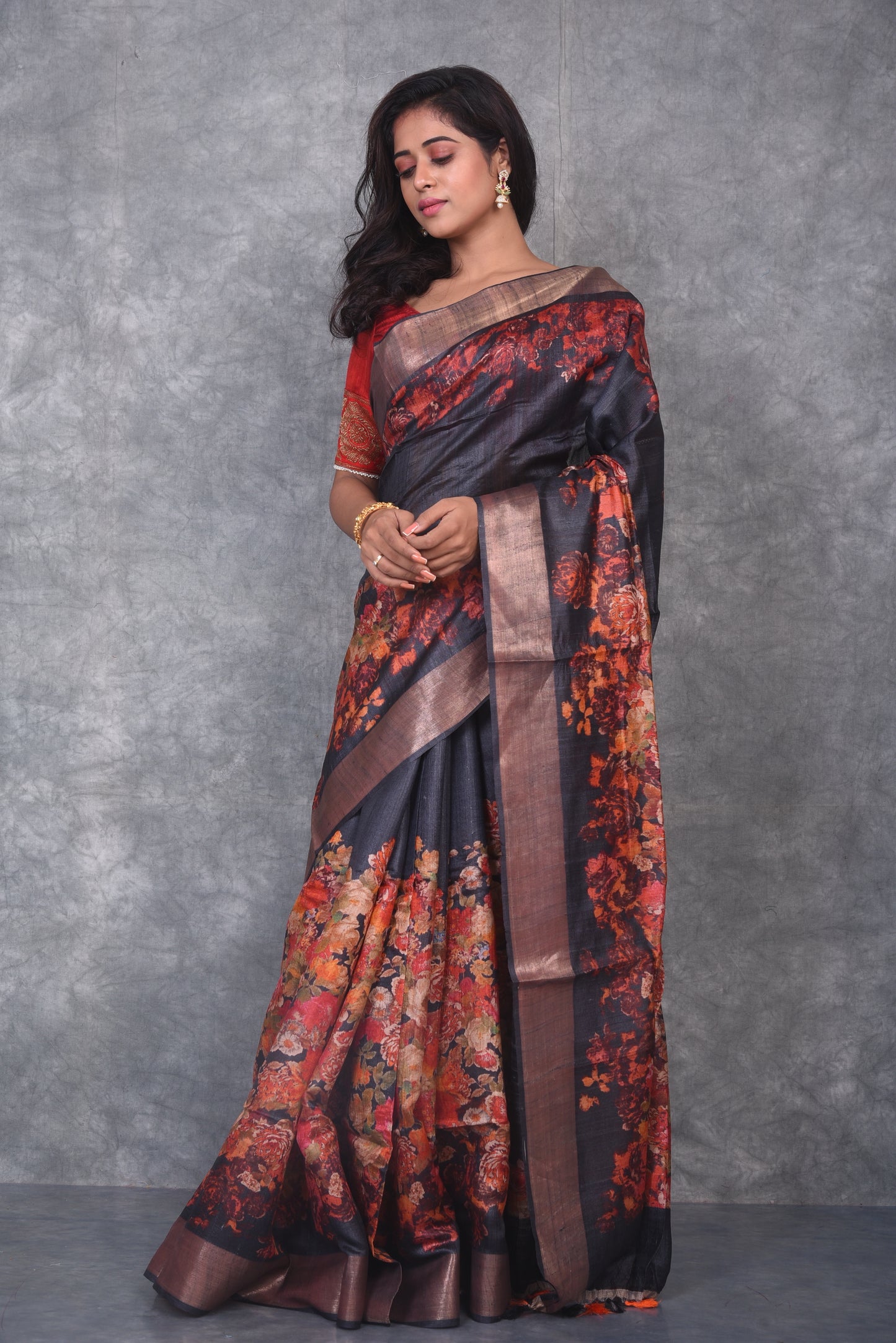 Black Shade Handwoven Desi Tussar Raw Silk Saree with Digital print| KIHUMS Saree