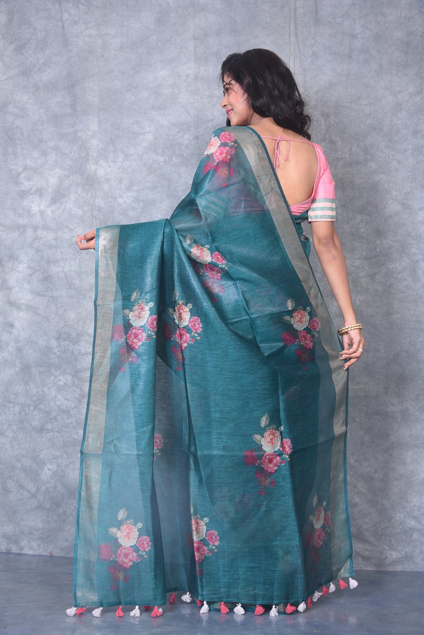 Green Shade Floral Printed Silk Linen Saree | KIHUMS Saree