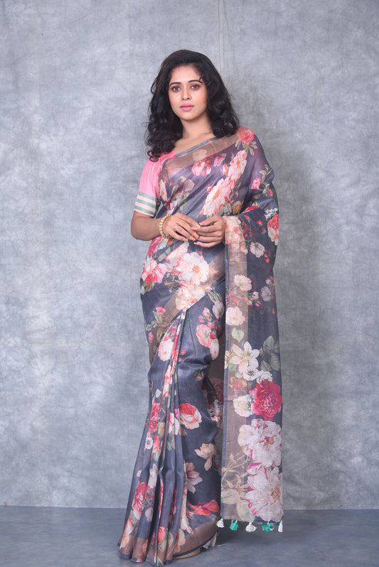 Black Shade Floral Printed Silk Linen Saree | KIHUMS Saree