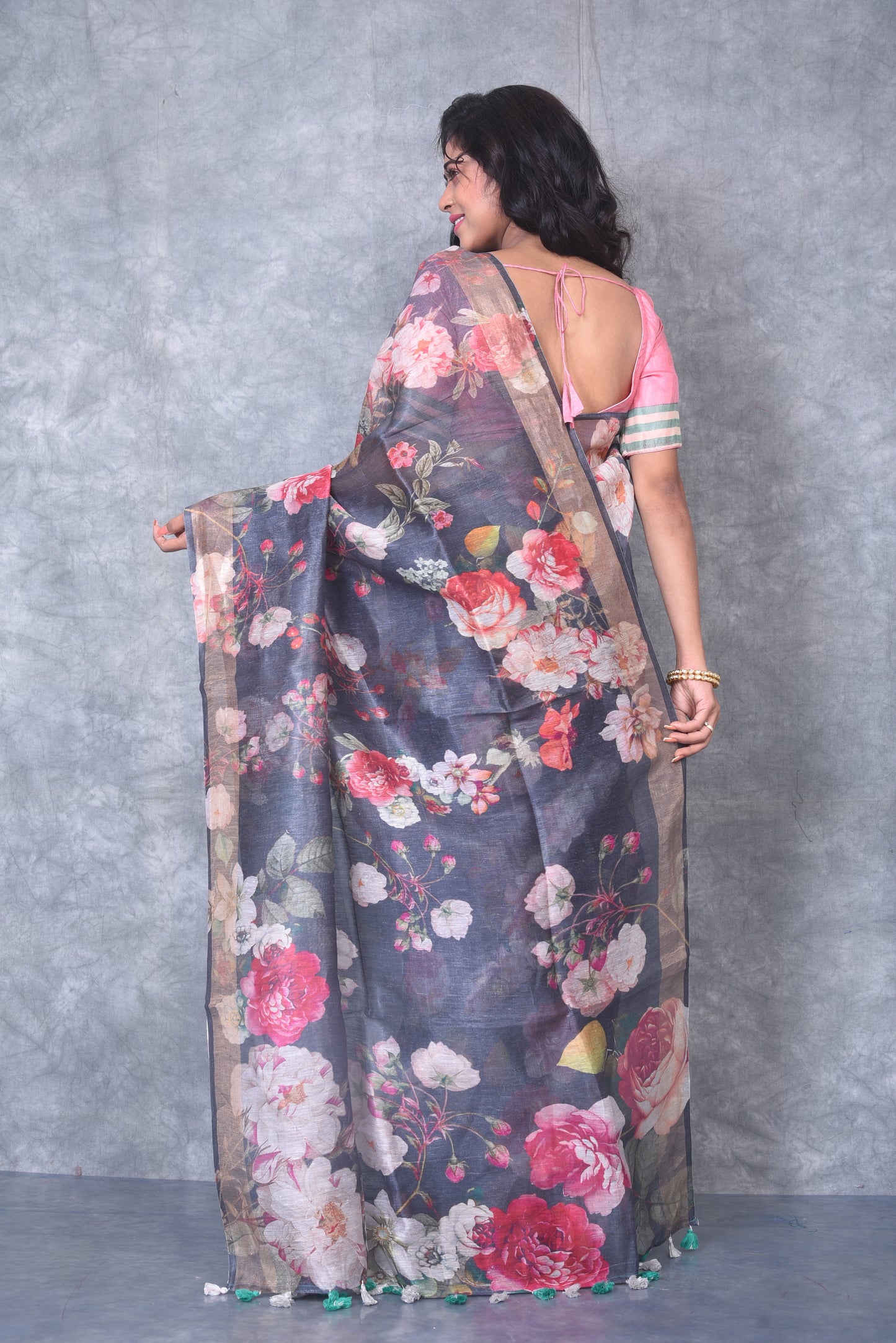 Black Shade Floral Printed Silk Linen Saree | KIHUMS Saree