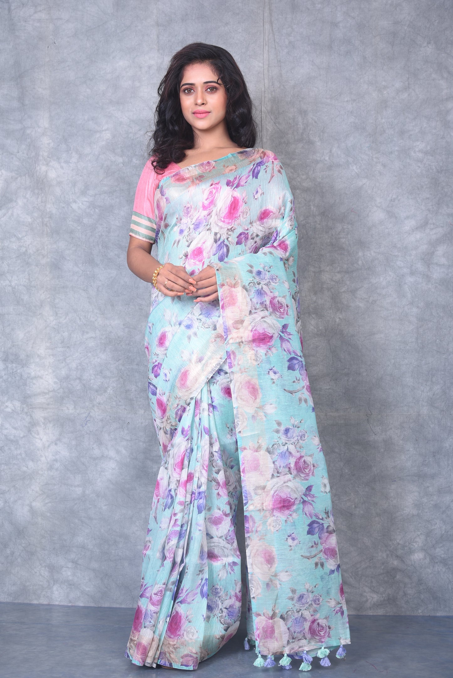 Light Blue shade Floral Printed Silk Linen Saree | KIHUMS Saree