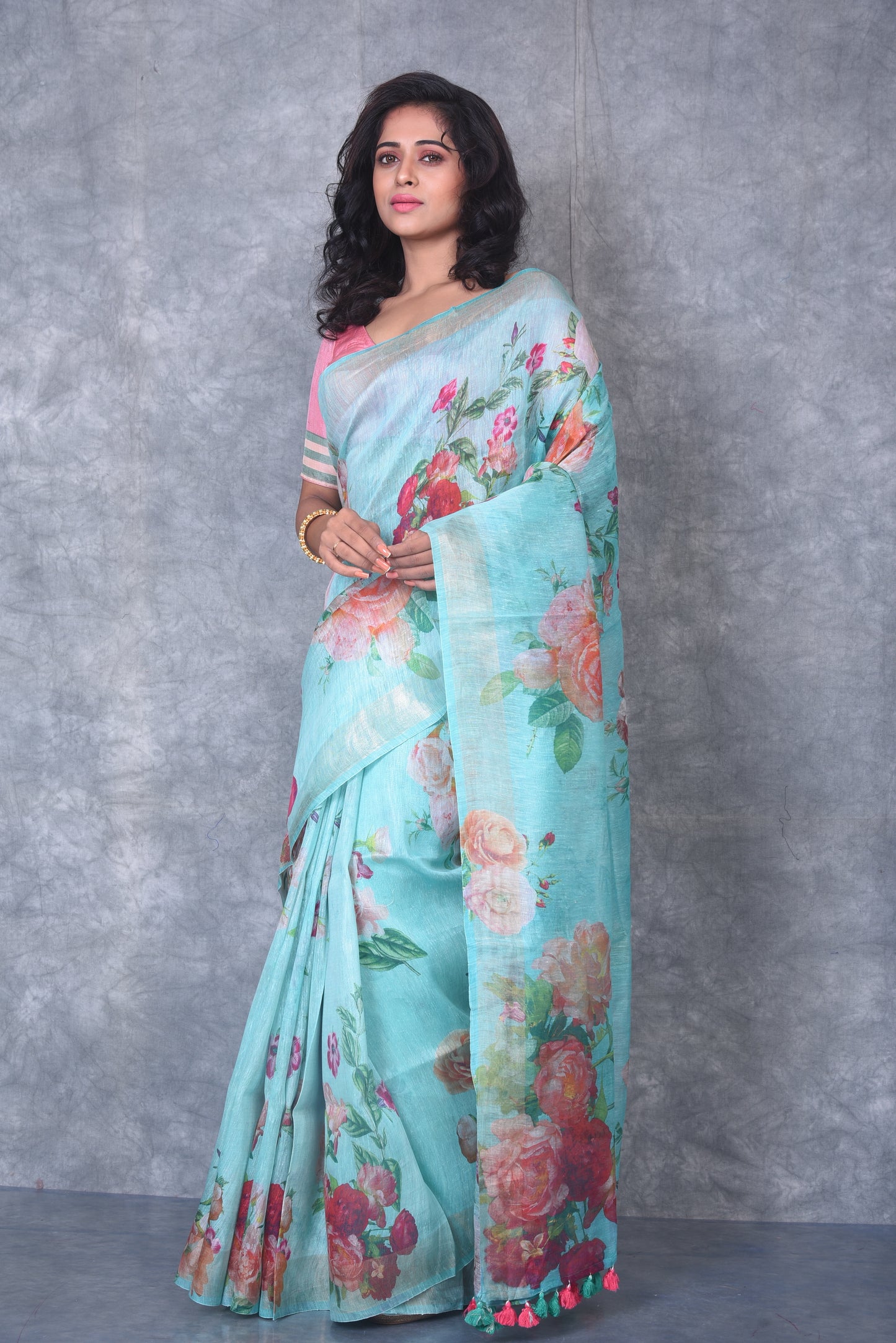 Light Turquoise shade Floral Printed Silk Linen Saree | KIHUMS Saree