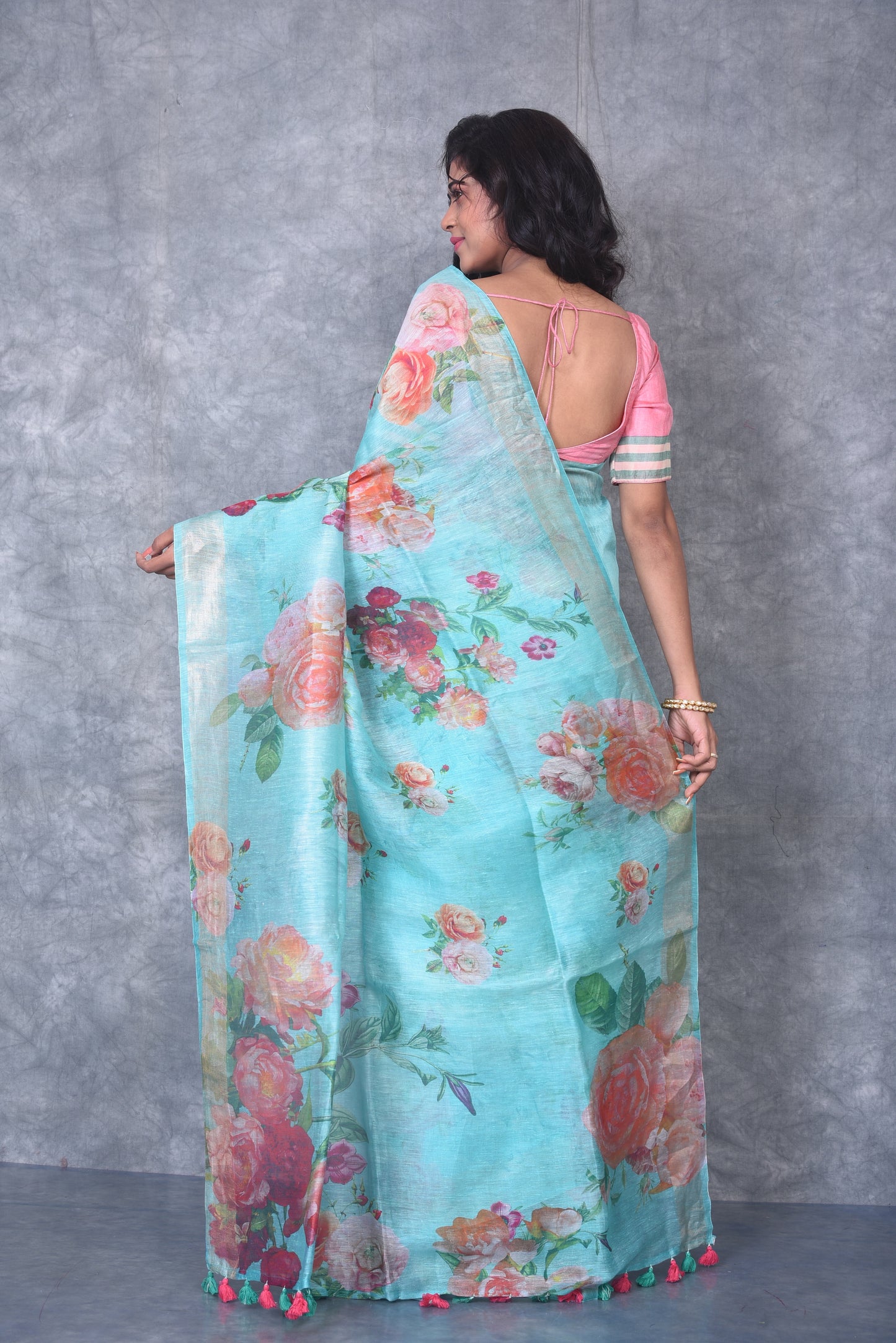 Light Turquoise shade Floral Printed Silk Linen Saree | KIHUMS Saree