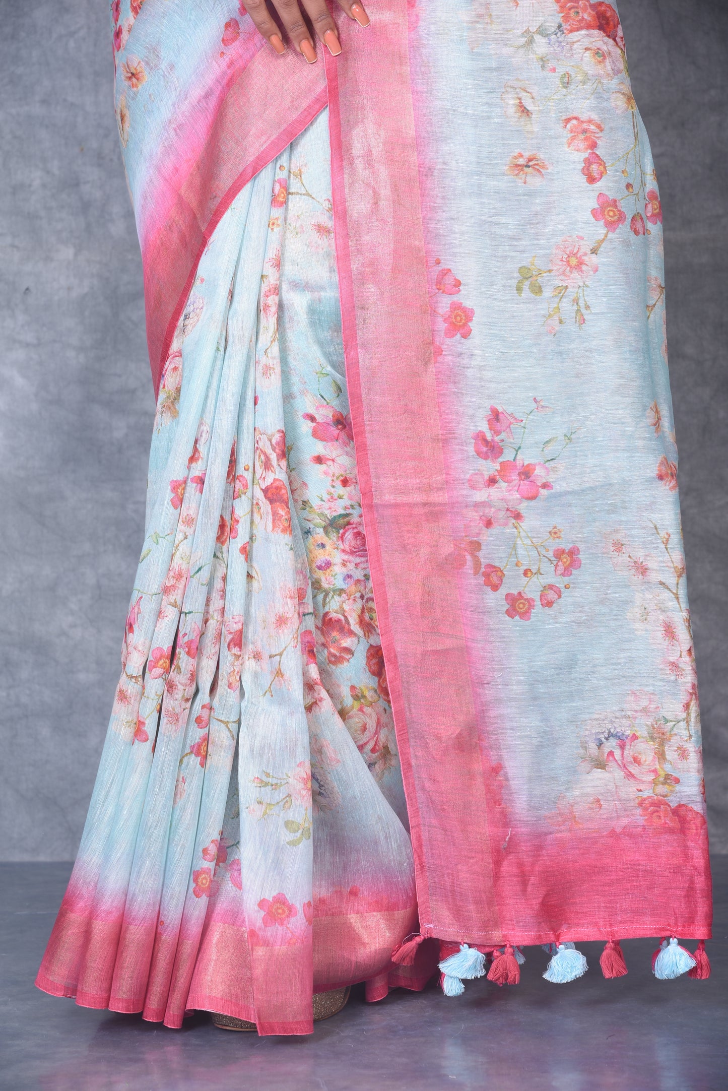 Light Blue shade Floral Printed Silk Linen Saree | KIHUMS Saree