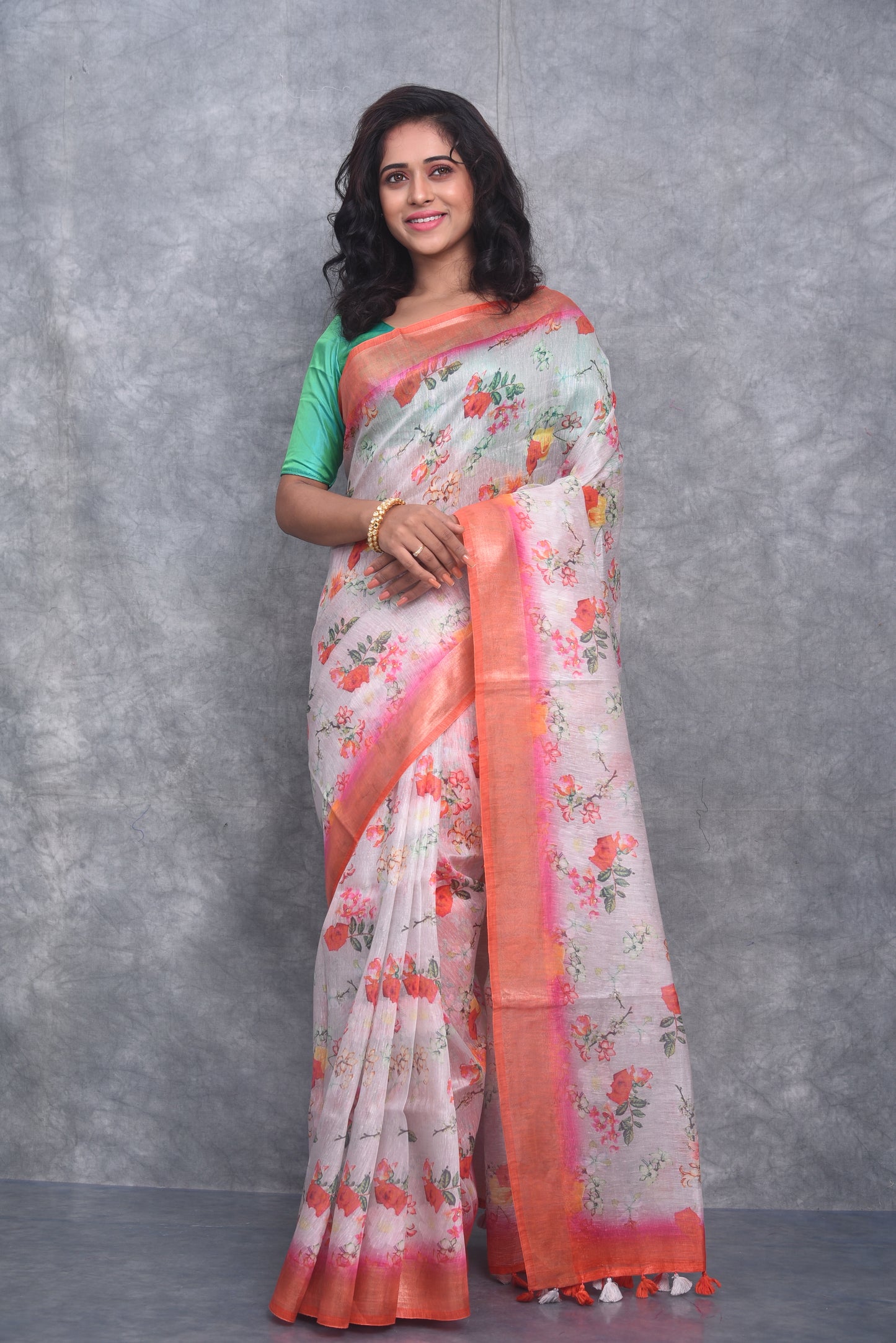 Light peach shade Floral Printed Silk Linen Saree | KIHUMS Saree