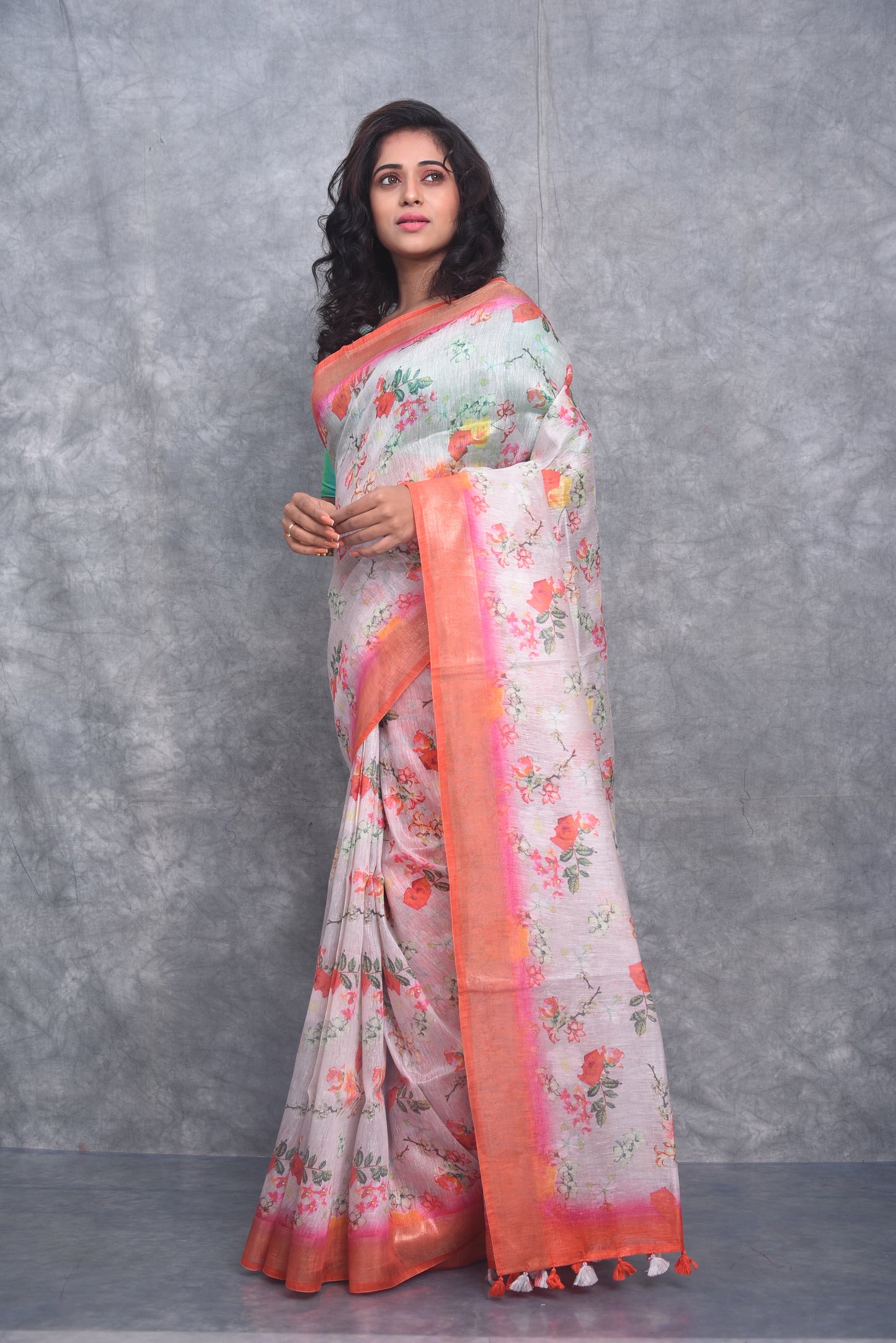 Light peach shade Floral Printed Silk Linen Saree | KIHUMS Saree