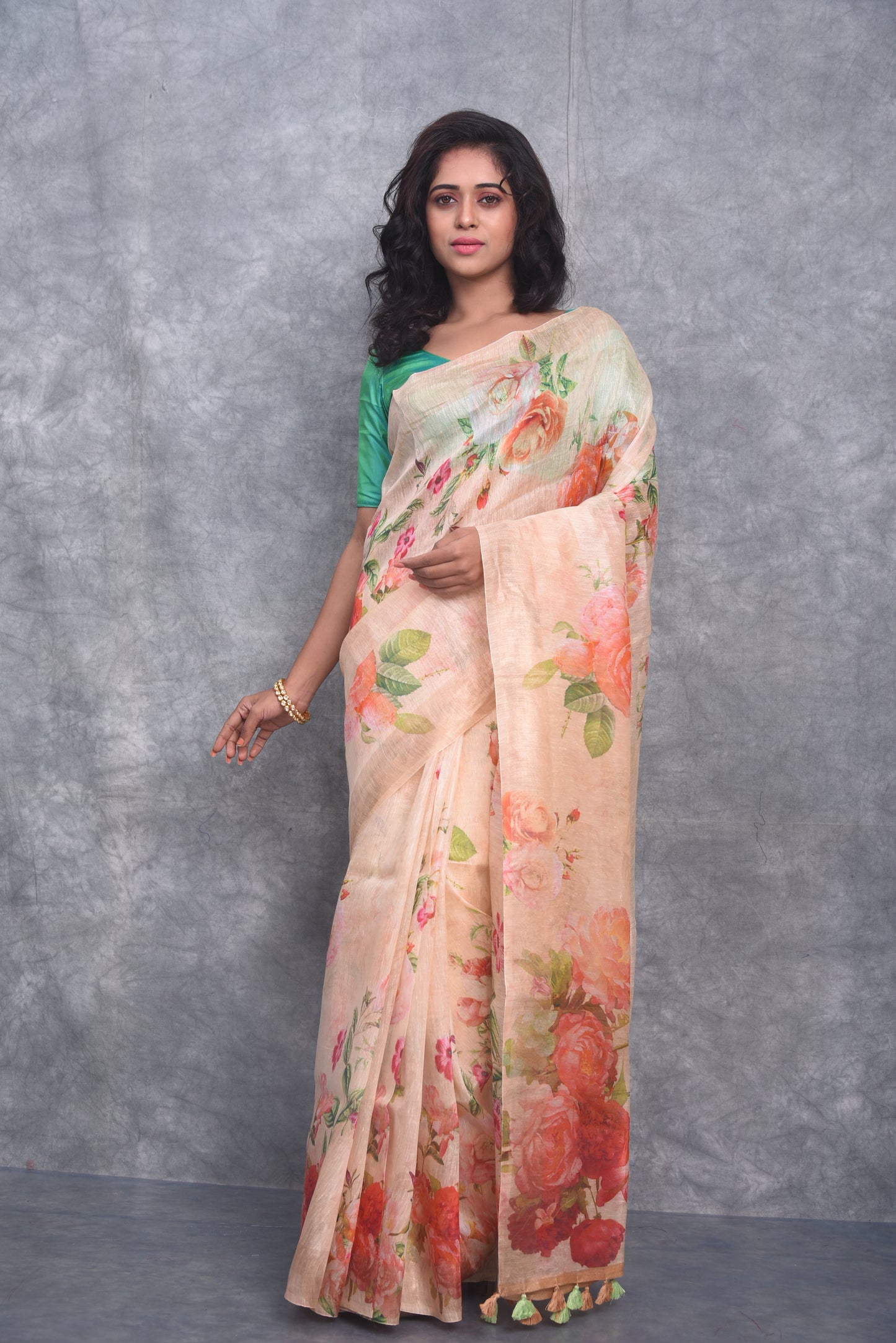 Pastel Peach shade Floral Printed Silk Linen Saree | KIHUMS Saree