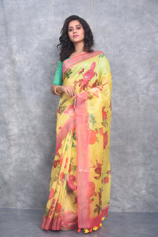 Yellow shade Floral Printed Silk Linen Saree | KIHUMS Saree