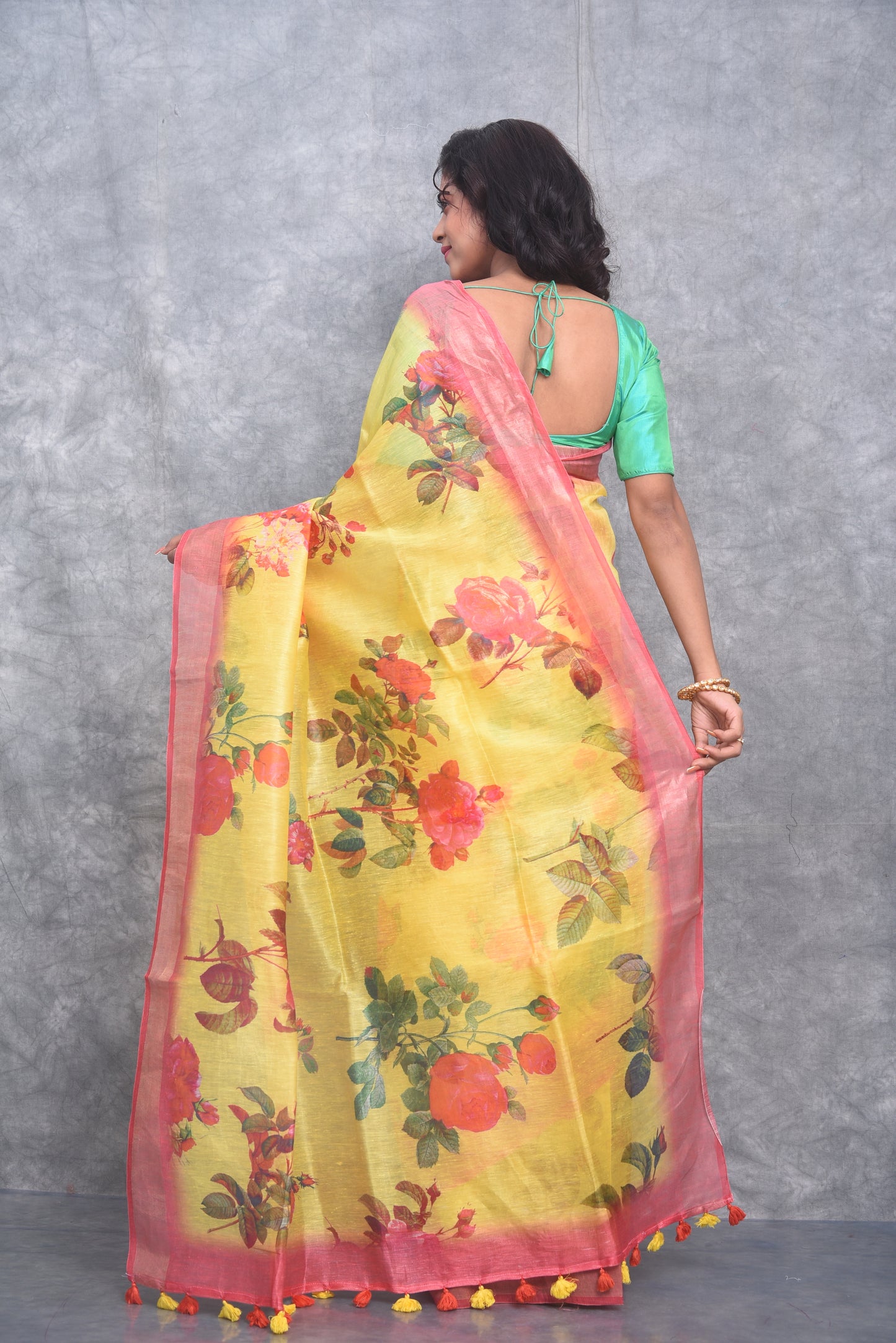 Yellow shade Floral Printed Silk Linen Saree | KIHUMS Saree