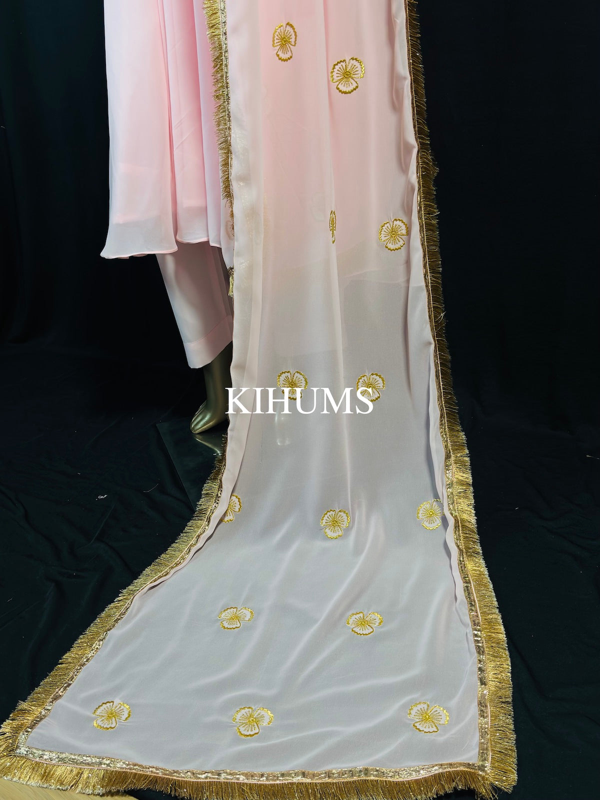 JAHAN ARA Baby Pink Aangi Gota Long Three Piece Dress