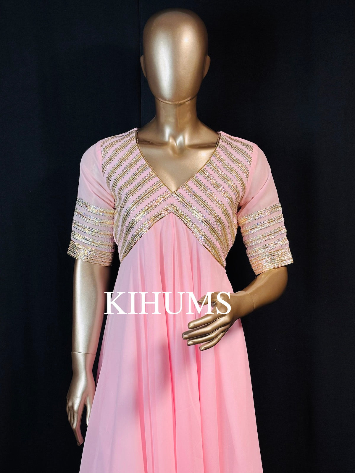 JAHAN ARA Baby Pink Aangi Gota Long Three Piece Dress