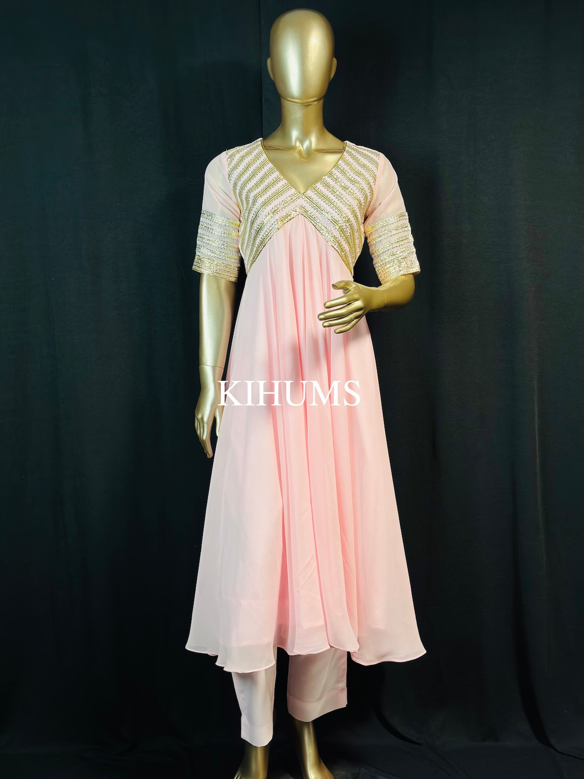 JAHAN ARA Baby Pink Aangi Gota Long Three Piece Dress