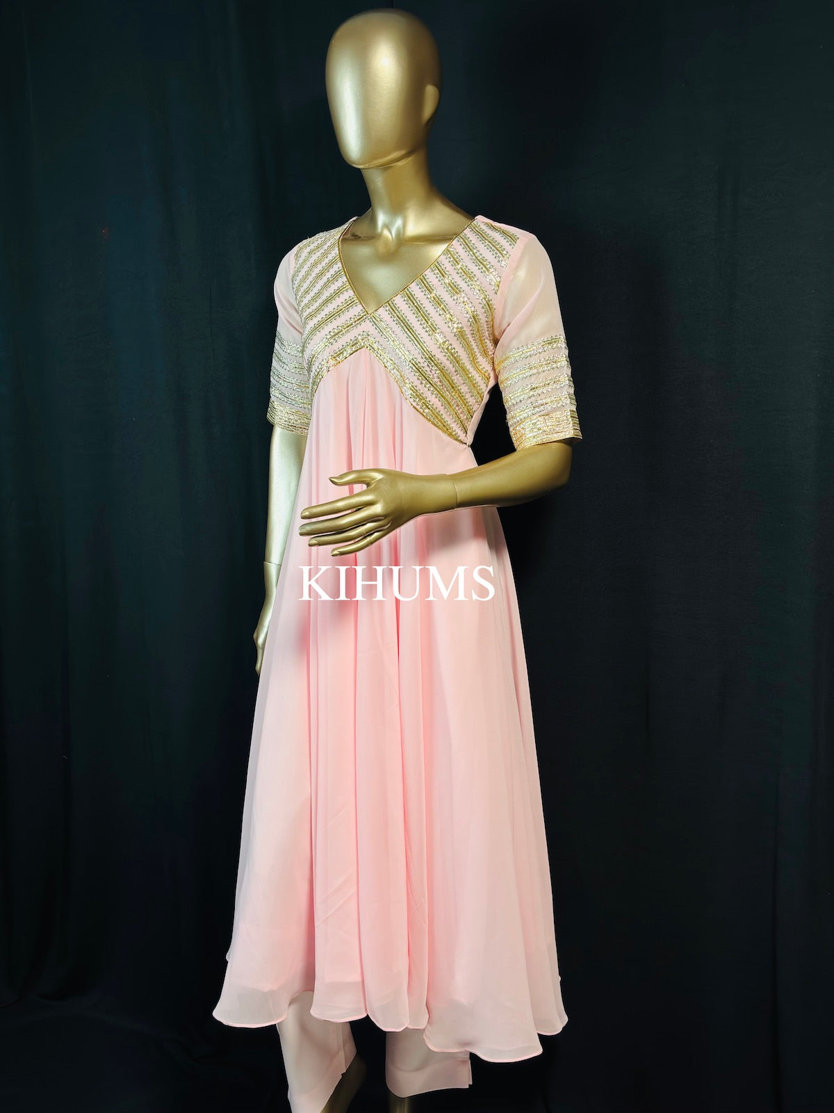 JAHAN ARA Baby Pink Aangi Gota Long Three Piece Dress