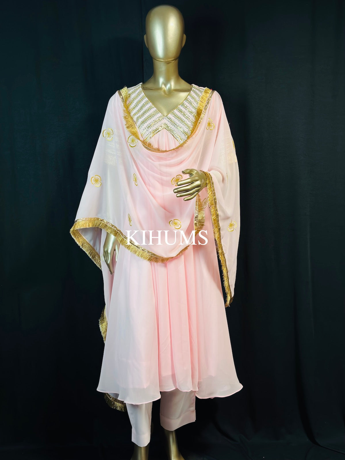 JAHAN ARA Baby Pink Aangi Gota Long Three Piece Dress