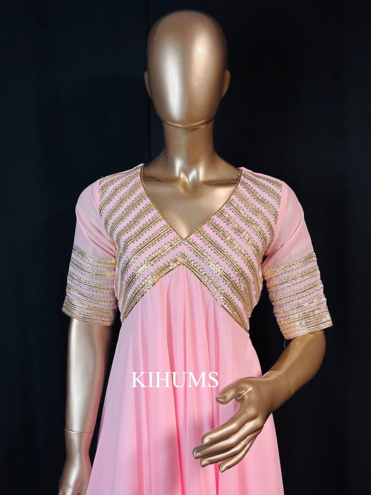 JAHAN ARA Baby Pink Aangi Gota Long Three Piece Dress