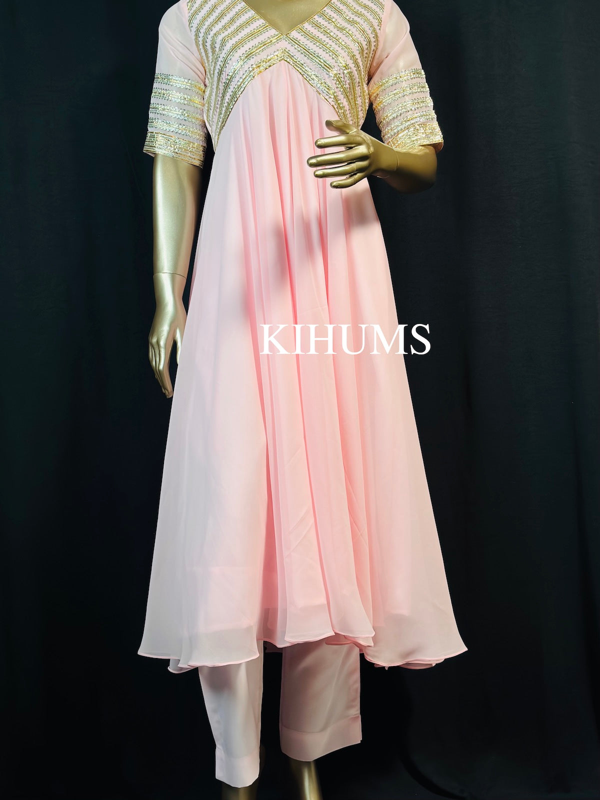 JAHAN ARA Baby Pink Aangi Gota Long Three Piece Dress
