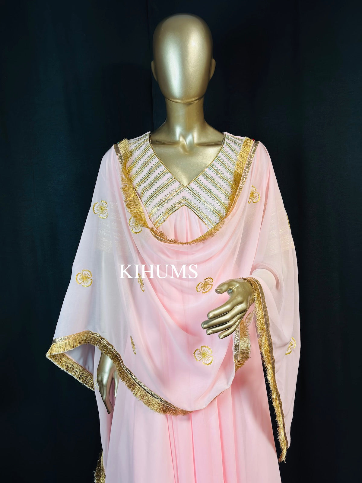 JAHAN ARA Baby Pink Aangi Gota Long Three Piece Dress