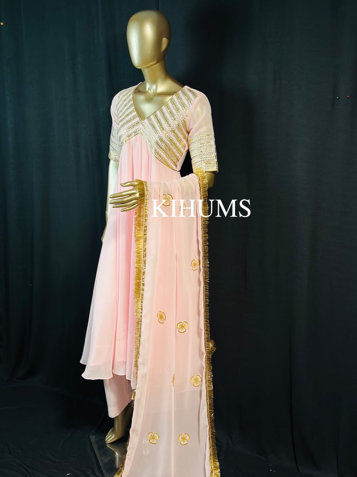JAHAN ARA Baby Pink Aangi Gota Long Three Piece Dress