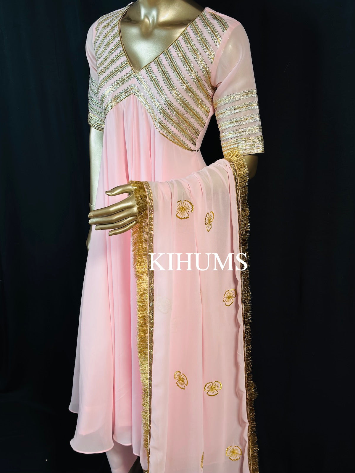 JAHAN ARA Baby Pink Aangi Gota Long Three Piece Dress