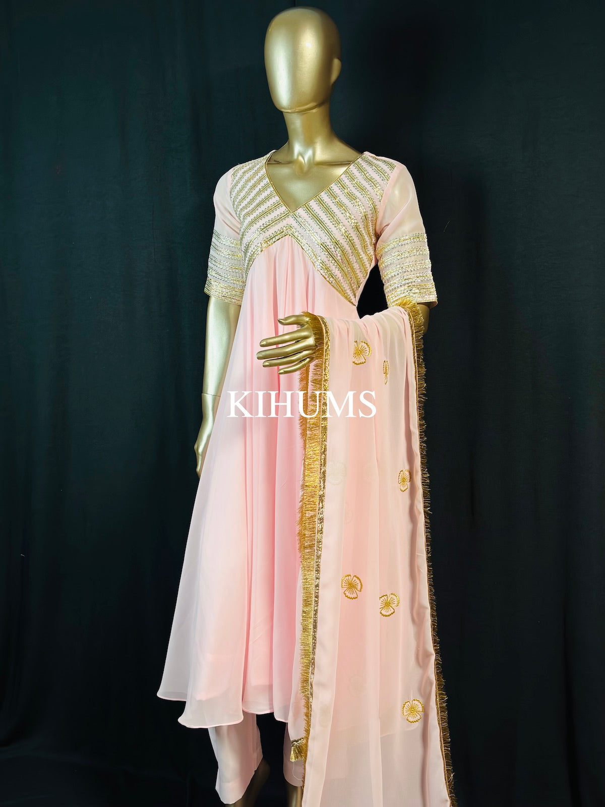 JAHAN ARA Baby Pink Aangi Gota Long Three Piece Dress