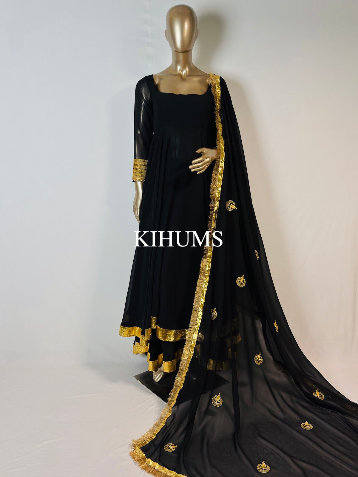 SAHEEBA Black Anarkali Double Layer Long Three Piece Dress