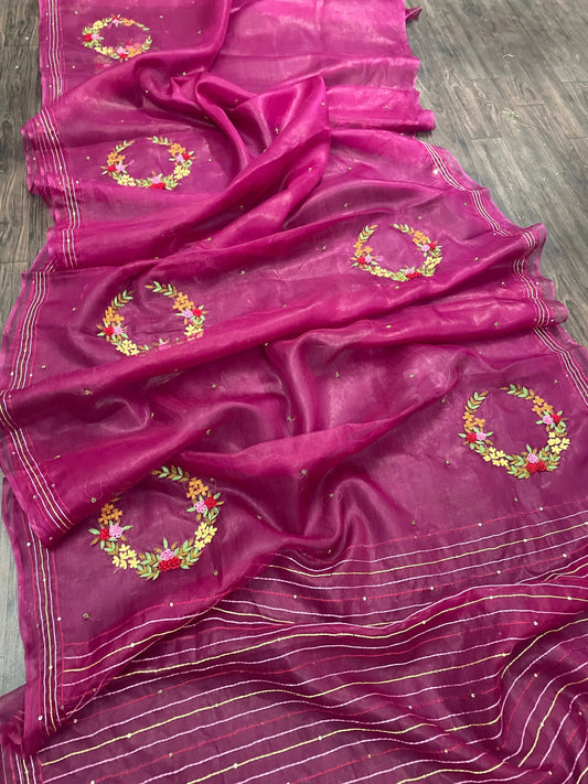 PINK Handwoven Organza Saree with Hand Embroidery Work | KIHUMS Saree