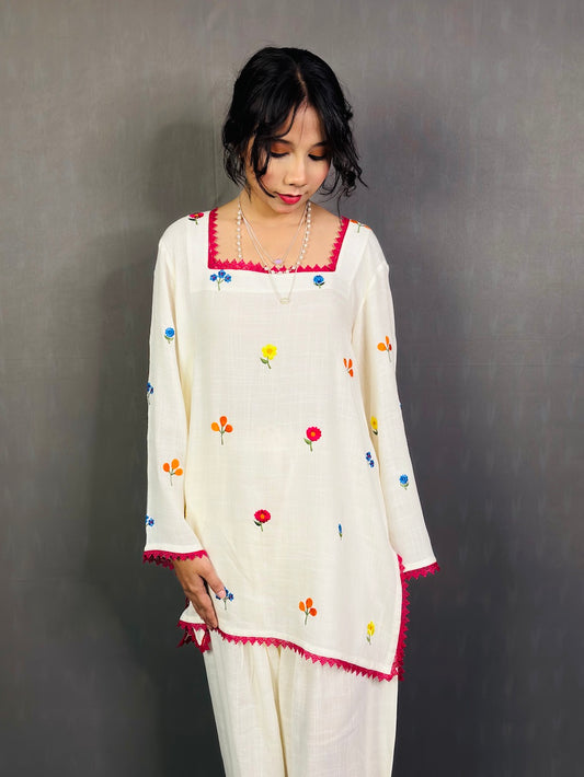 MEHMAL Off White Resham Thread Embroidered Farshi Shalwar