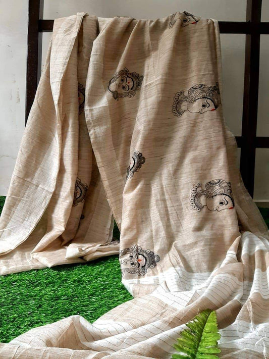 Light Beige Shade Handmade Cotton Baswada Saree | Embroidery work | KIHUMS Saree
