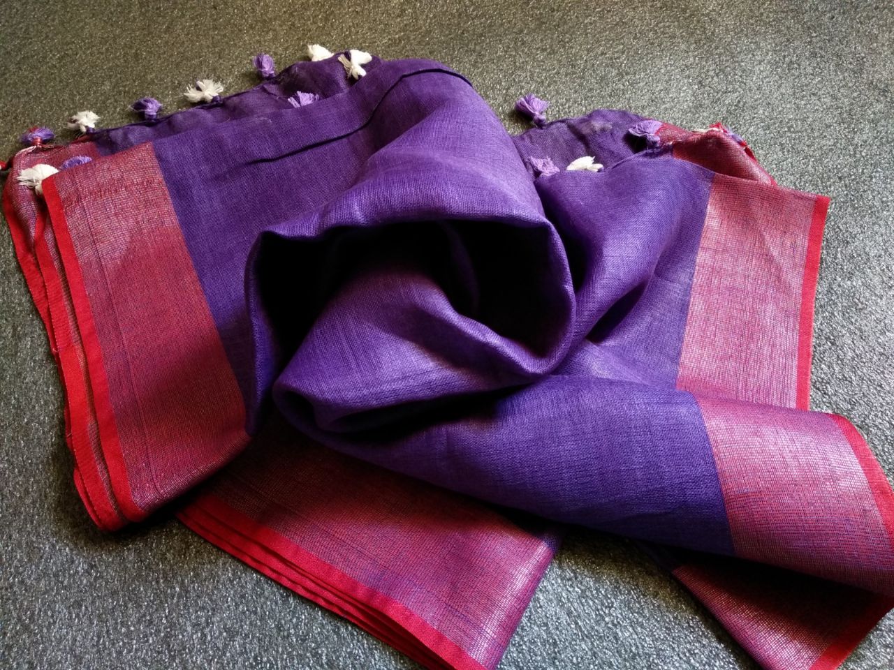 LINEN DUPATTA: Purple Linen Dupatta with Silver Zari and with Tassels | KIHUMS Dupatta