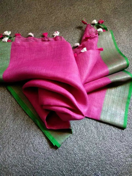 Copy of Copy of LINEN DUPATTA: Pink Linen Dupatta with Silver Zari and with Tassels | KIHUMS Dupatta kihums clothing
