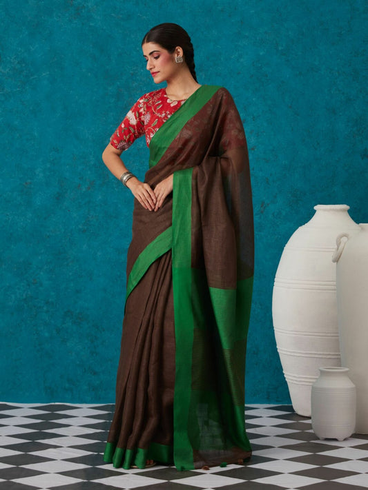 Brown shade Handmade Pure Linen Saree | KIHUMS Saree