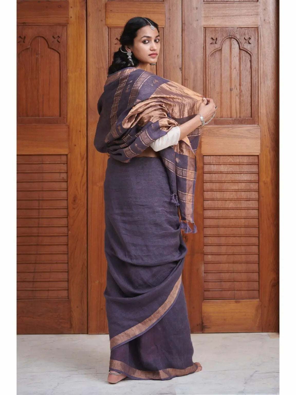 Brinjal Shade Handmade Pure Linen Saree | KIHUMS Saree kihums clothing