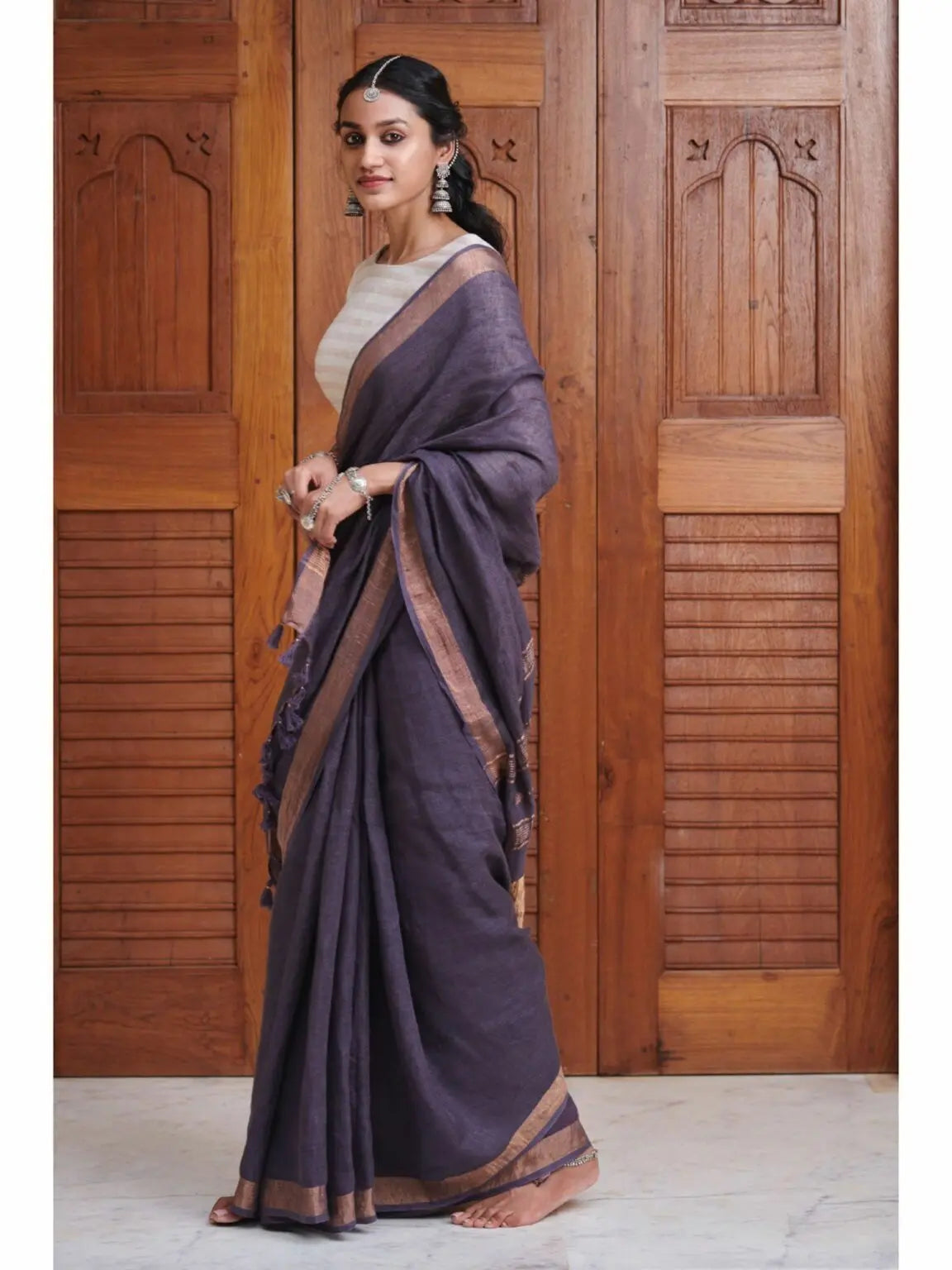 Brinjal Shade Handmade Pure Linen Saree | KIHUMS Saree kihums clothing