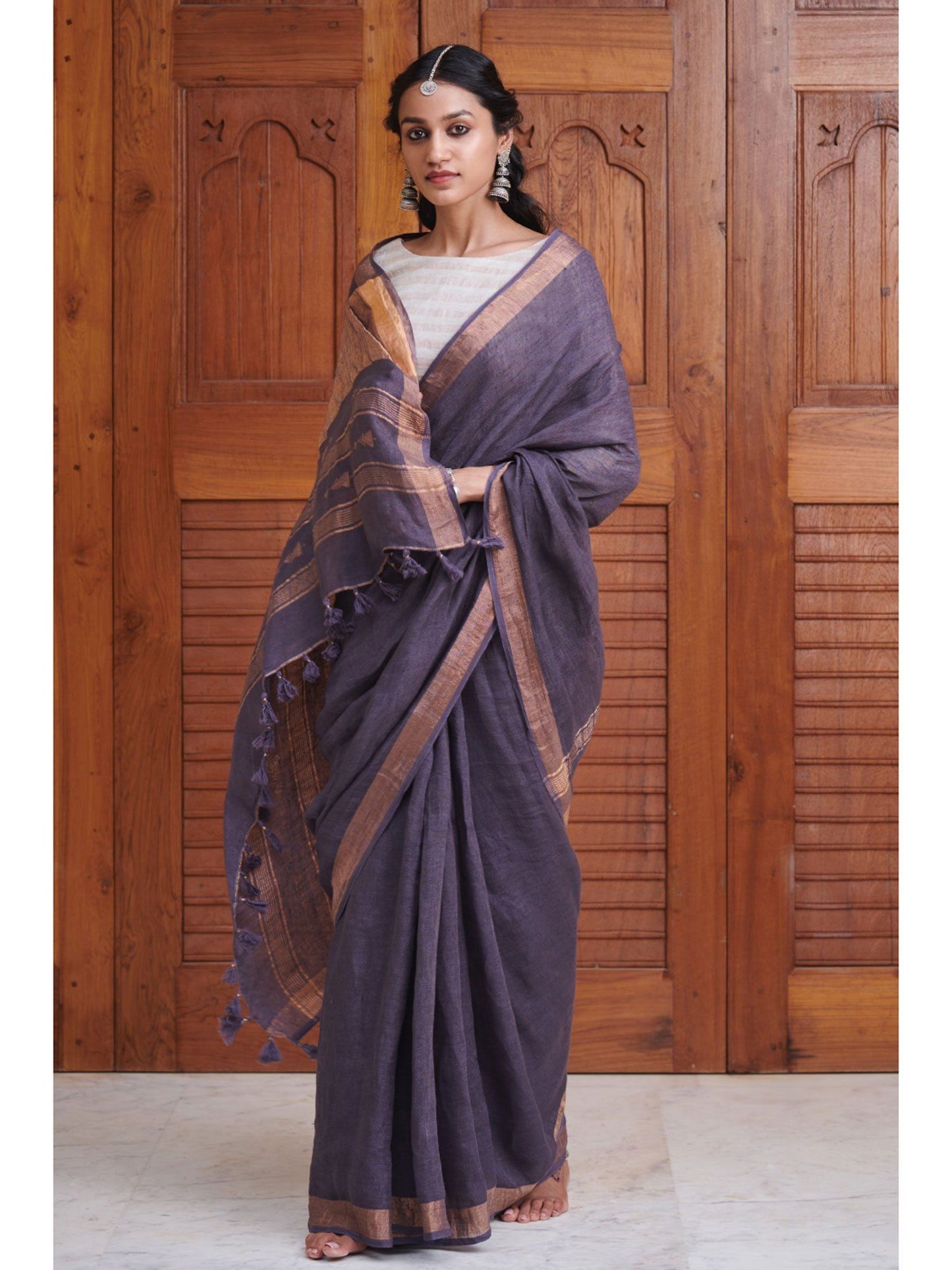 Brinjal Shade Handmade Pure Linen Saree | KIHUMS Saree