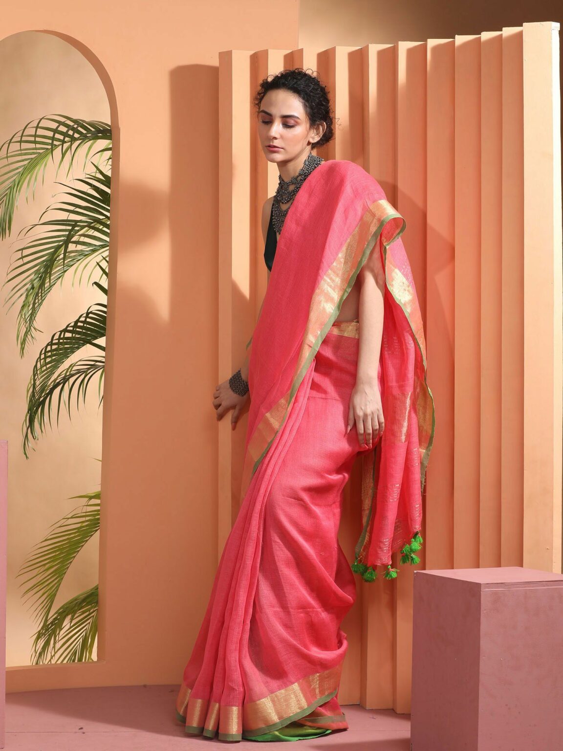 Pink Shade Handmade Pure Linen Saree | KIHUMS Saree