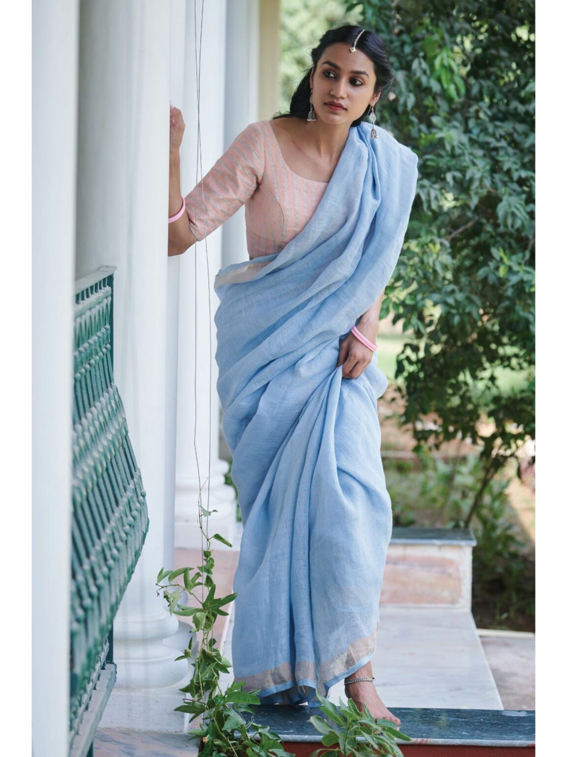 Powder Blue Shade Handmade Pure Linen Saree | KIHUMS Saree
