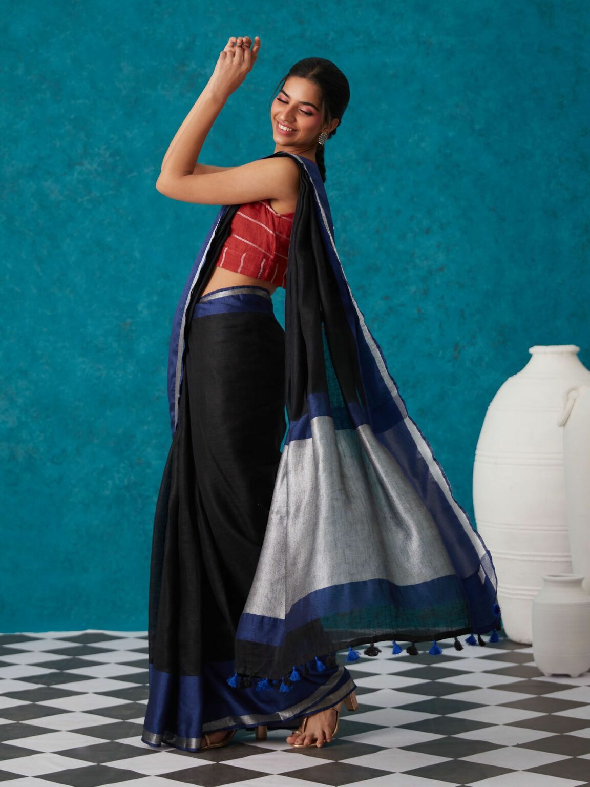 Dark Blue Shade Handmade Pure Linen Saree | KIHUMS Saree