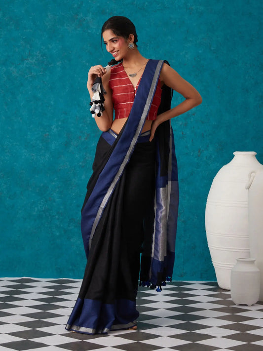 Dark Blue Shade Handmade Pure Linen Saree | KIHUMS Saree