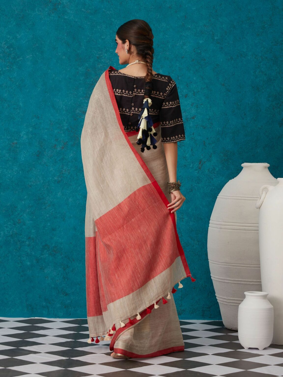Beige shade Handmade Pure Linen Saree | KIHUMS Saree