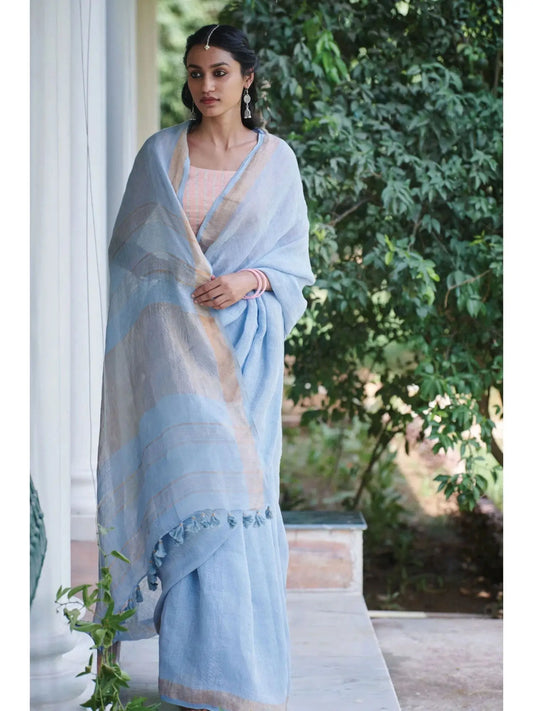 Powder Blue Shade Handmade Pure Linen Saree | KIHUMS Saree kihums clothing