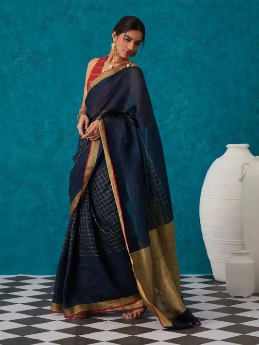 Navy Blue Handmade Pure Linen Saree | KIHUMS Saree