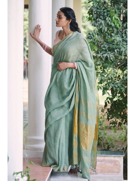 Mint Green Shade Handmade Pure Linen Saree | KIHUMS Saree kihums clothing