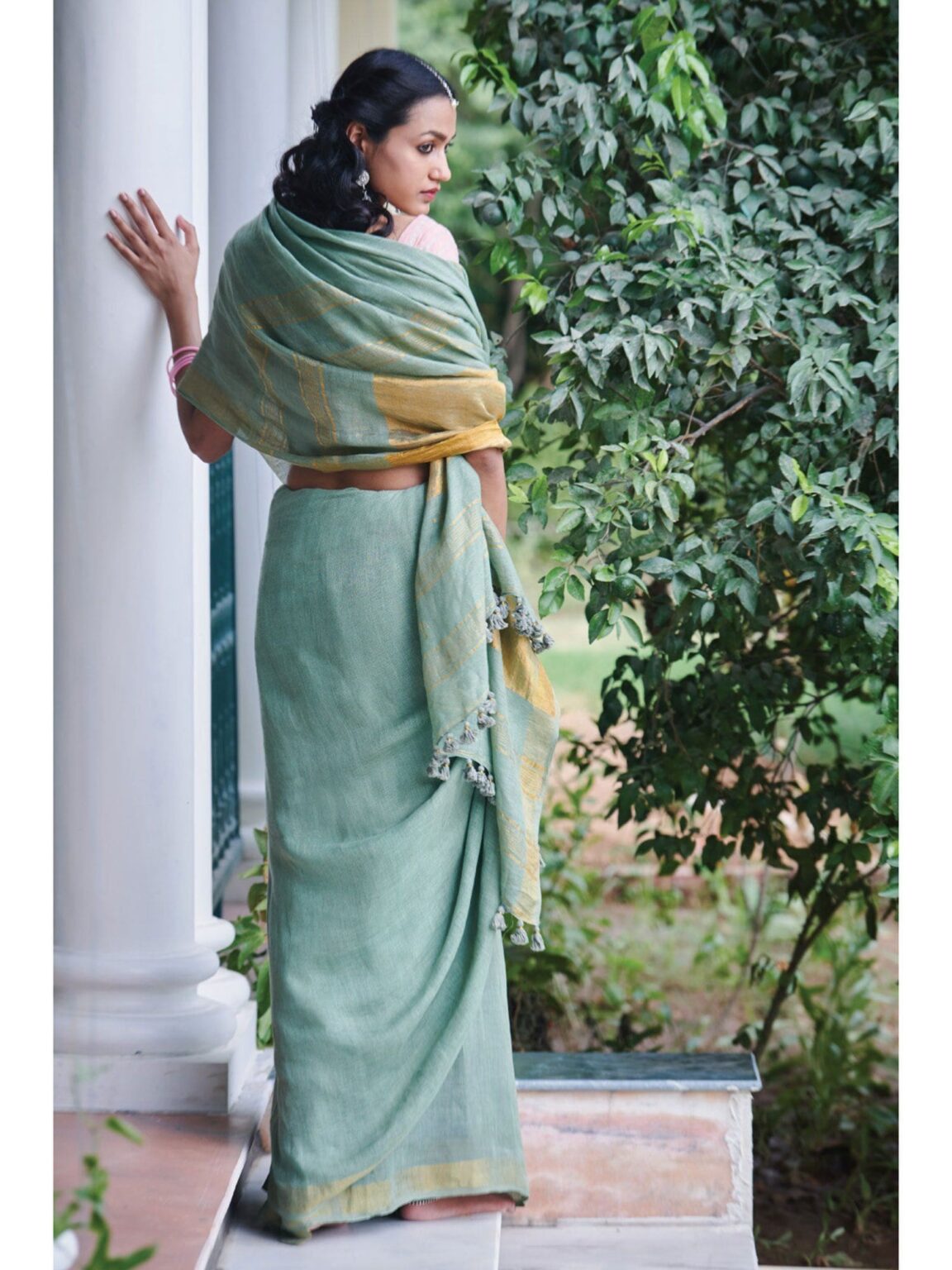 Mint Green Shade Handmade Pure Linen Saree | KIHUMS Saree