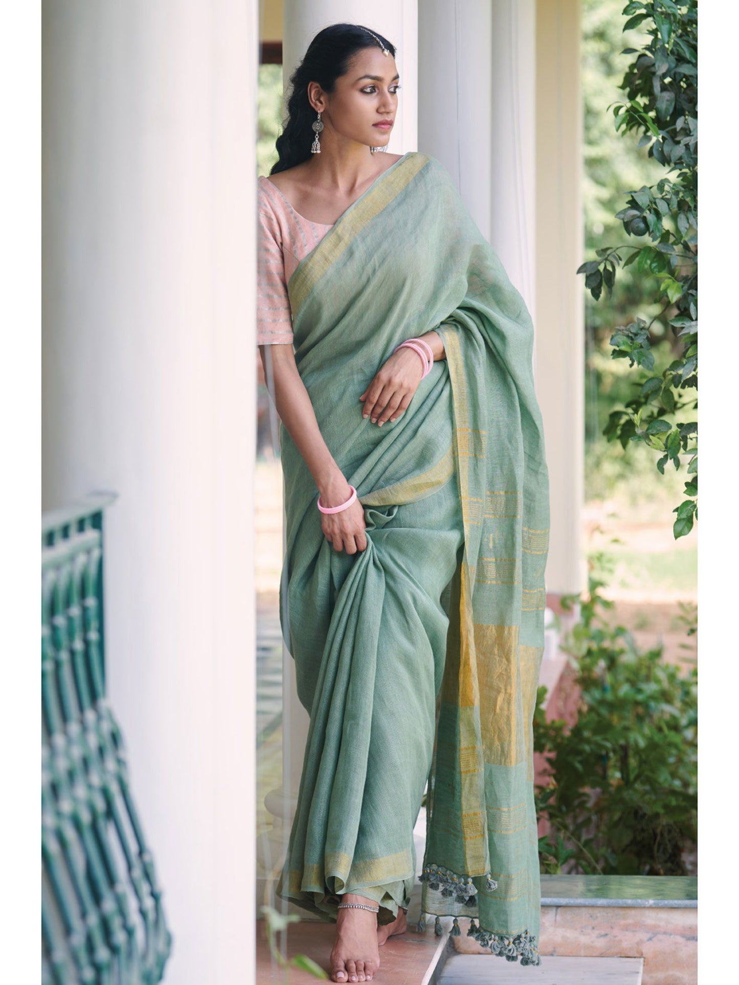 Mint Green Shade Handmade Pure Linen Saree | KIHUMS Saree