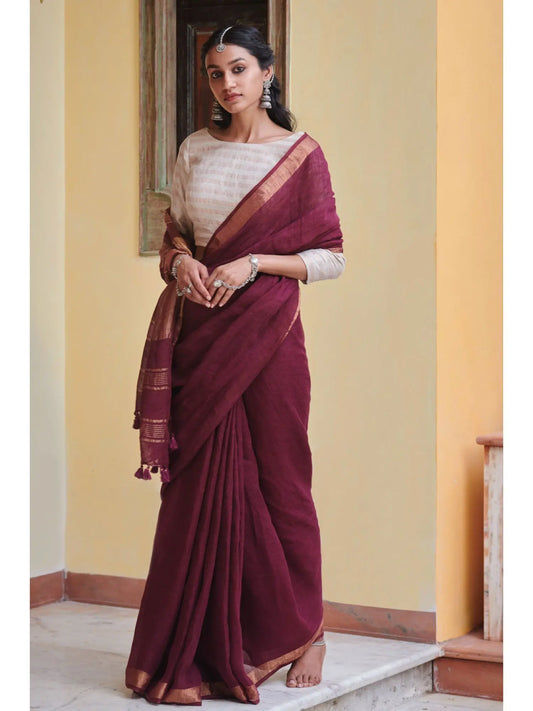 Wine Shade Handmade Pure Linen Saree | KIHUMS Saree kihums clothing